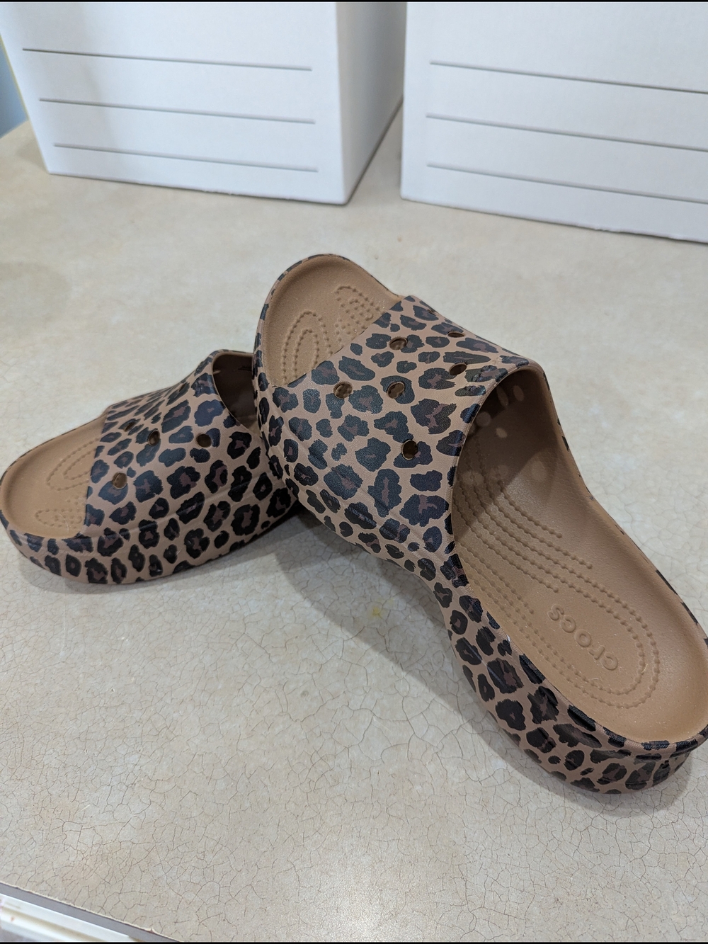 Crocs Classic Leopard Print Slide Sandals - Brown/Black - Picture 5 of 6